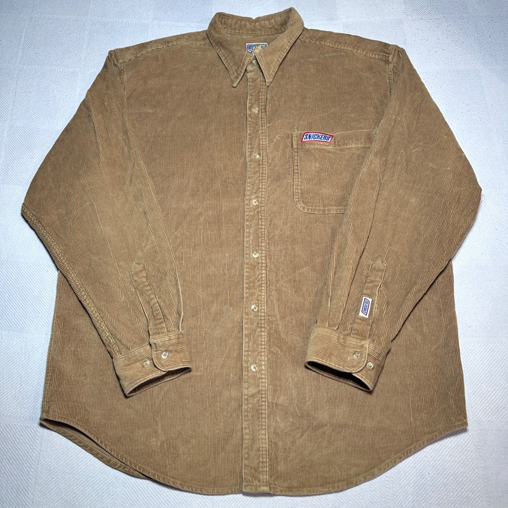Vintage 90s Planet Mars Snickers Button Up Shirt Mens XL Corduroy Caramel Brown - Picture 2 of 11